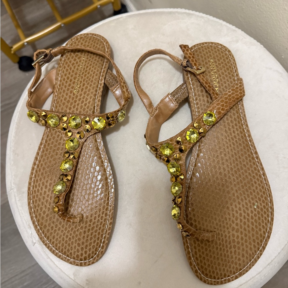 Arturo Chiang Brown and Yellow Sandals with T-Strap Design -New no box